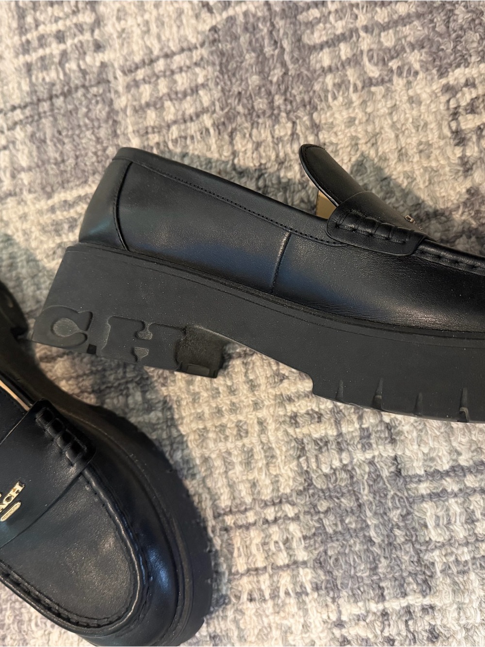 Coach Black Leather Slip-On Penny Loafers with Gold Logo - Picture 6 of 7